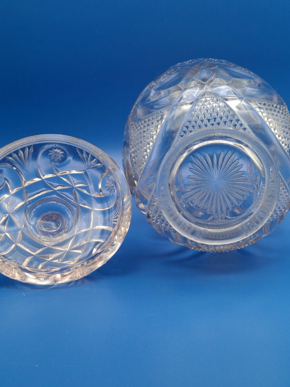 Antique EAPG Crystal Glass Crescent Fan Biscuit Jar Manganese Glow 9.5" - Picture 8 of 11